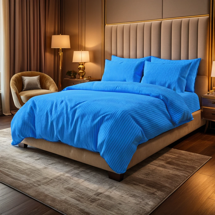 BLUE SATIN STRIPE BEDSHEET SET - 5 PCS