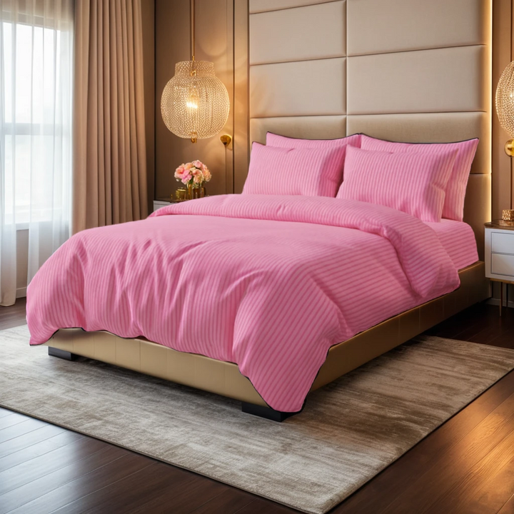 PINK SATIN STRIPE BEDSHEET SET - 5 PCS