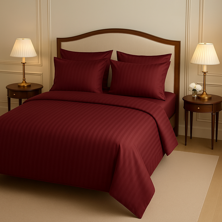 MAROON SATIN STRIPE BEDSHEET SET - 5 PCS