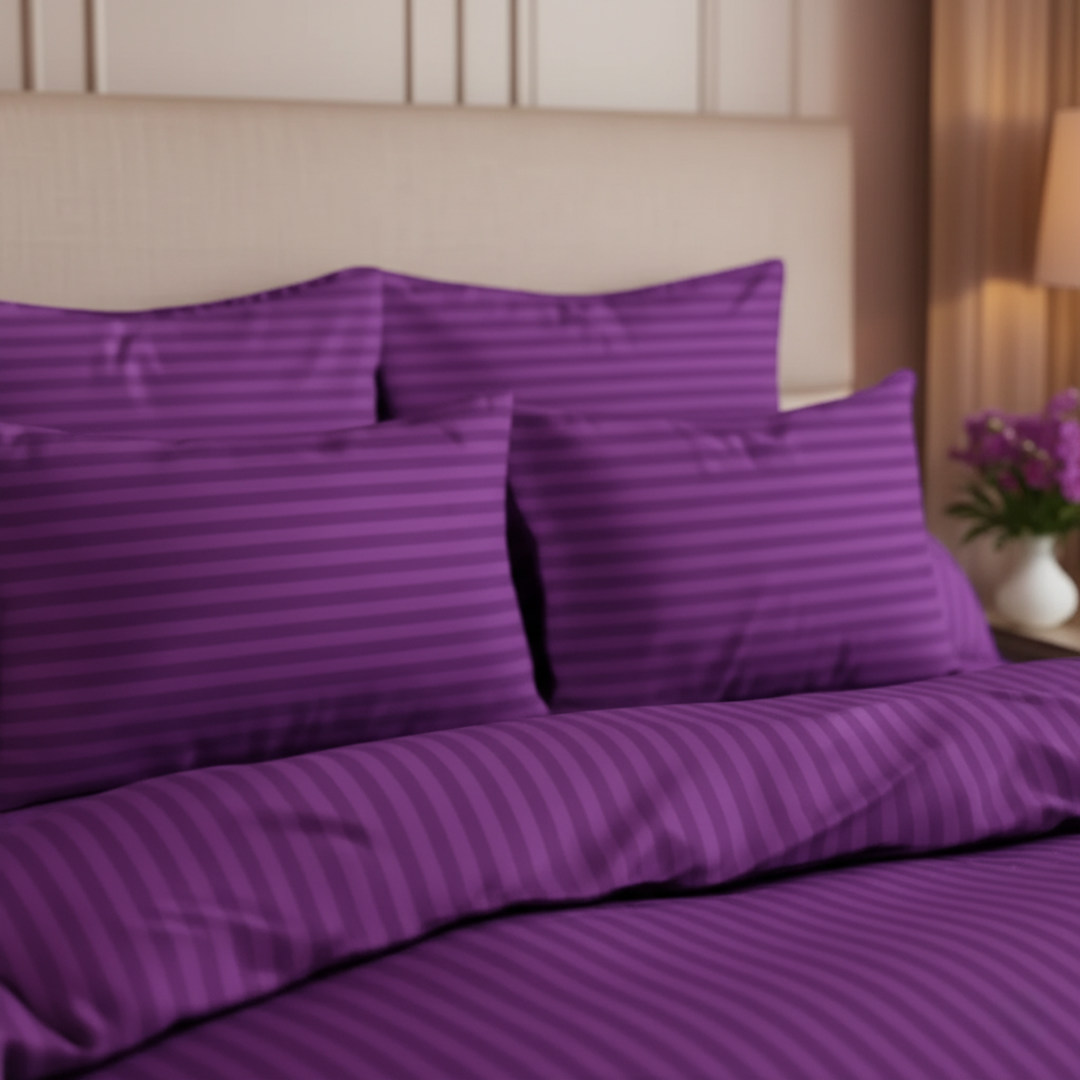 PURPLE SATIN STRIPE BEDSHEET SET - 5 PCS