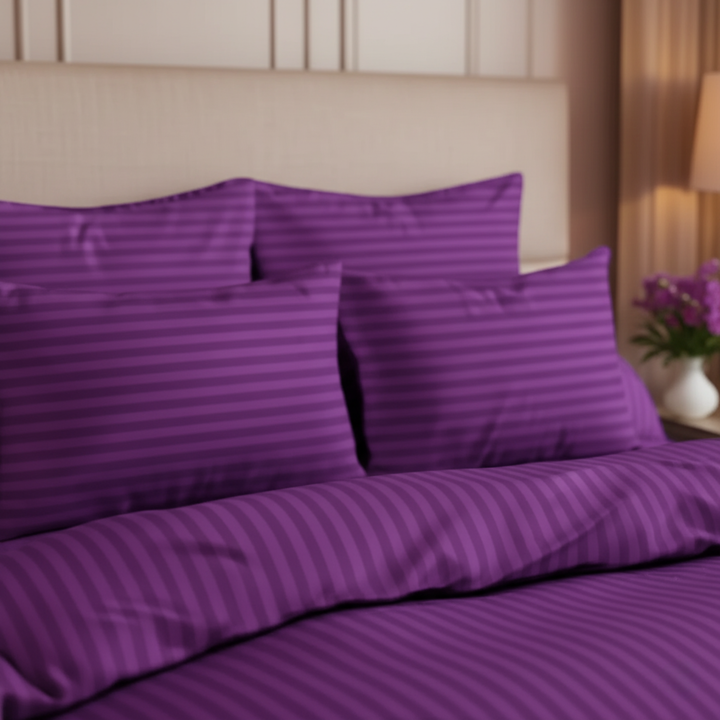 PURPLE SATIN STRIPE BEDSHEET SET - 5 PCS