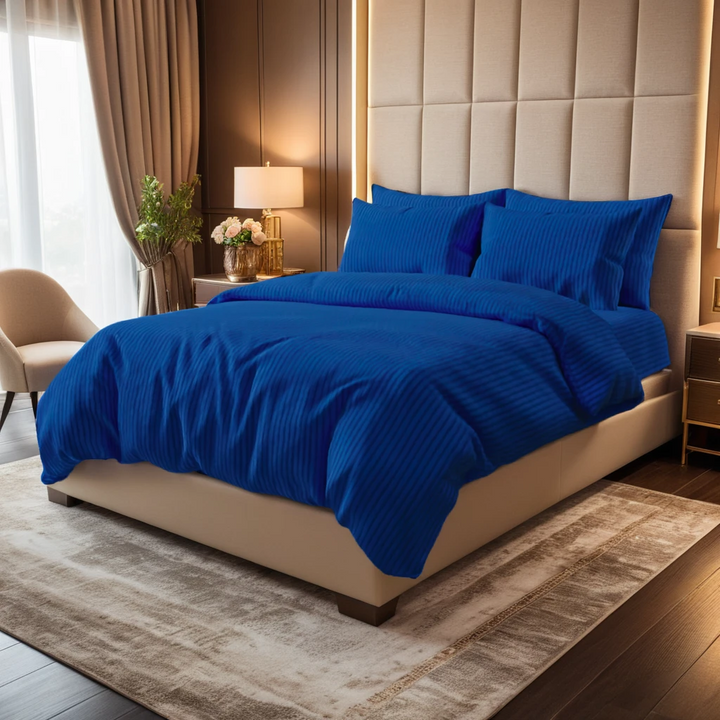 NAVY SATIN STRIPE BEDSHEET SET - 5 PCS