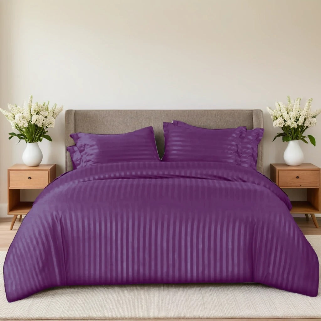 PURPLE SATIN STRIPE BEDSHEET SET - 5 PCS